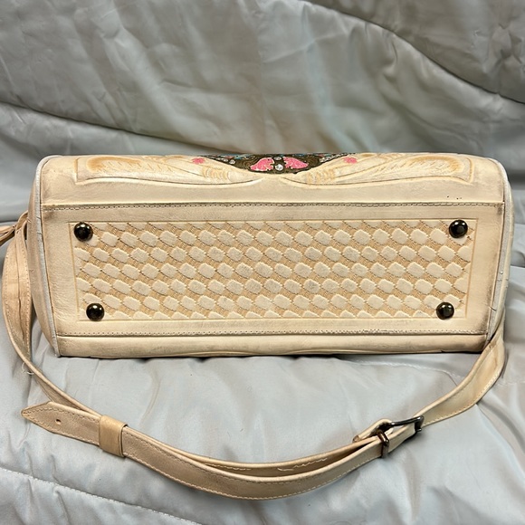Vintage Leather Hand Tooled RARE Purse 1960s Mexico Ivory Yellow Mayan Roses - Picture 15 of 16